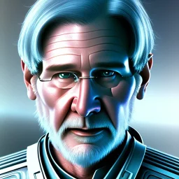 handsome cosmic harrison ford, white hair in the wind, blue eyes, white beard, no moustache, large forehead, scifi suit, perfect composition, super detailed, 8k, high quality, intricate details, highly detailed, lights in background, octane render