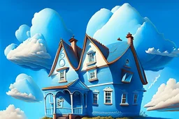 House illustration, realistic, detailed, illustrative, childrenbook style, Blue house, sky, clouds