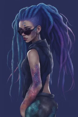 entire body mermaid cyberpunk some fish scales on face indigo hair dreadlock sunglasses