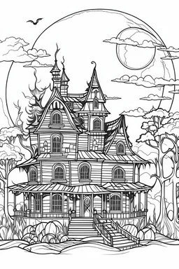 A haunted house with bats flying around and a full moon in the background. Outline, sketch style, only use outline, mandala style, clean line art, white background, no shadows, no clear wall, coloring page.