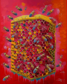 A magenta honeycomb hive with honeybees painted by Alan Sorrell