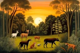 A forest glade with animals at sunset by artist "Henri Rousseau",by artist "George Stubbs"