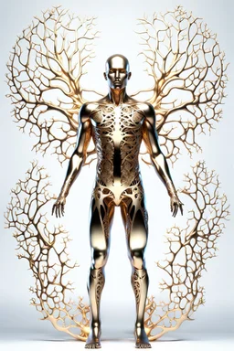 3D rendering of Expressively detailed and intricate of a hyperrealistic “ man’s body”: front view, scientific, single object, glossy white, shinning gold, vines, tribalism, black background, shamanism, cosmic fractals, octane render, 8k post-production, detailled metalic bones, dendritic, artstation: award-winning: professional full body : a with head looks up , atmospheric: commanding: fantastical: clarity: 16k: ultra quality: striking: brilliance: stunning colors: amazing depth,