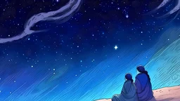 Draw a man sitting on the left side of the picture and a woman sitting on the right side, gazing at the starry sky in Dunhuang painting style, panoramic composition, 16:9