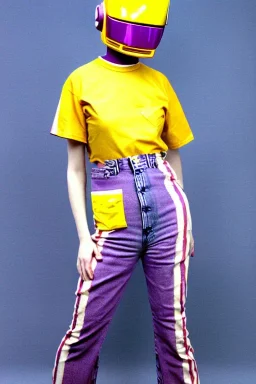 Photograph of a woman. Huge prints on denim,terracotta, cream and purple, lilac. Cream colored latex parts. imperial yellow, red plum mixed stripes, only on top half of t-shirt. Plant print.European daft punk woman. Baggy, half waist jeans, 1996! Mantle is sewed of recycled Denim and sewed together of recycled polymer felt. lace, Yellow(Munsell) areas. hint of orange as effect color!!Big bright purple/khaki felt tippet and cream or blue or lilac colored-hood. mantle is merged with cobalt boler