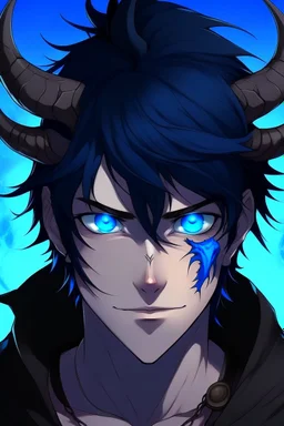 An anime male demon with dark, messy, black hair, black horns, and bright blue eyes.