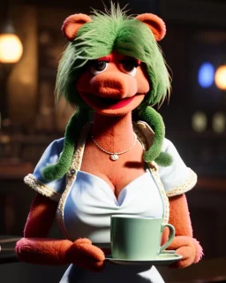 waitress British woman with muppet mask that covers her entire head, green, retro style, Sesame Street style, smooth, unreal engine 5, god lights, ray tracing, RTX, lumen lighting, ultra detail, volumetric lighting, 3d.