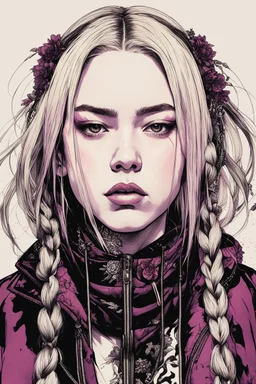 Billie Eilish as a goth punk vampire huge girl, illustration by Yoji Shinkawa and Katsushika Hokusai, finely detailed facial features, finely drawn and inked, 4k, symmetric, hyperdetailed , dark plum tones