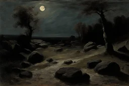 Night, rocks, trees, begginer's landscape, friedrich eckenfelder, and willem maris impressionism paintings