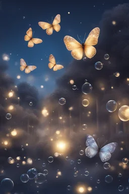 Bubbles and Butterflys flying to the sky at midnight