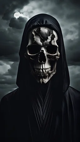A figure in a black robe, facial features reminiscent of a skull, elements of decomposition, empty eye sockets, an open jaw, horror, darkness, mystery, dark clouds in the background