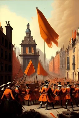 Army of soldiers from the 1700s putting a orange flag in the middle of a city