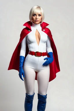 platinum blonde headed woman, crew cut style, wearing an extremely, extra short, skintight, formfitting long-sleeved, white bodysuit with a high collar and a plunging neckline, blue elbow-length gloves, a red belt with a gold belt buckle, a red cape, knee-high blue boots
