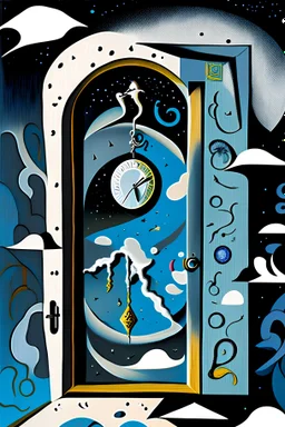 In a Cubism Picasso style draw: a floating door open in the sky, the door handle are melting into surreal drops, a distorted pocket watch illogically marks time, hybrid and unique animals explore imaginary boundaries between species, In the sky a human face is intertwined with the surface of the moon, a surreal ladder extends to abstract clouds, a rain of numbers and equations, falling from the sky, a forest of tree-shaped musical instruments resonates with notes of harmony.