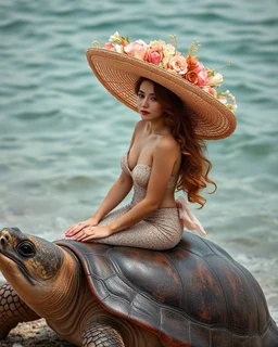 best angle photoshoot full body beautiful Mermaid sitting on ridding large turtle,she wearing luxurious shimmer hat large made from borroque elements flowers sea, sea shore.Sony Alpha 7 50mm realistic photography