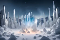 cercles de cristaux dans une montagne blanche recouverte de neige et de feux bleus qui entourent en colonnes les cristaux
