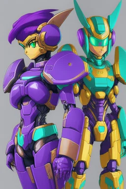 One Genderless Cyborg made of metal, has a human like face with a really long violet ponytail, the cybord is wearing armor similar to Omega from Megaman. The color palatte of the armour is deep purple and yellow. The Cyborg is not wearing a Helmet, and has Turquoise colured eyes.