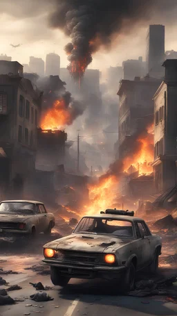 realistic landscape with two buildings on either side separated by several destroyed streets, a car on fire and a person with a m4a1 aiming at a horde of zombies