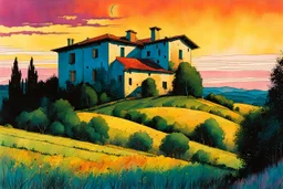 create a wildly abstract illustration of a highly detailed fortified Italian farmhouse surrounded by Lombardy poplar trees, in the hills of Tuscany at sunset, in the comic book art style of Bill Sienkiewicz, and Jean Giraud Moebius, finely textured, drawn, colored, and inked