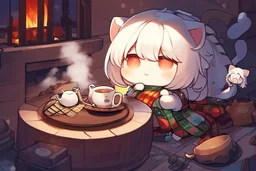 Pastel colors, cute fluffy chibi cat reads sitting in a big soft armchair, covered with a plaid blanket, a teapot and steaming tea on a small table next to her, in sunlight. The fire in the fireplace is blazing.