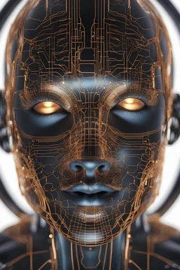 A stunning illustration of an ethereal neural network organism, half of the face is robotic skeleton, stunning facial details, elegant, hologram, electro, Cinematic lighting, Volumetric lighting, Epic composition, Photorealism, Bokeh blur, Very high detail, Sony Alpha α7, ISO1900, Character design, Unreal Engine, Octane render, HDR, Subsurface scattering