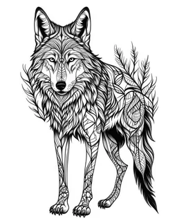 realistic wolf tattoo idea, line art, background, vector, svg, black outline on white background, leave plenty of white space beetween lines for coloring, tattoo style, tattoo idea,full body