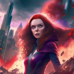 Wanda Maximoff, mulher, jovem, cabelos ruivos, olhos vermelhos, corpo inteiro, fundo cidade destruída, cores brilhantes, de lado destruindo algo com sua magia vermelha, traje da feiticeira escarlate, dramatico, 4k render, imagem cinematográfica. Cores frias, magia em suas mãos, magia vermelha claro