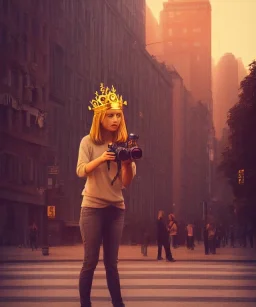 Statue of Queen of photography. Cute blonde woman. Photographer in golden crown. Standing on the street. Big camera in her hand. hyperdetailed, photorealistic, trending on artstation, greg rutkowski, beksinski, kodachrome, lomography, golden hour, bokeh, volumetric light