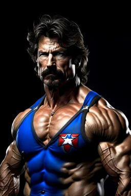 extremely muscular, short, curly, military-style haircut, pitch black hair, with mustache and pointed goatee, Paul Stanley/Elvis Presley/Pierce Brosnan/Jon Bernthal/Sean Bean/Dolph Lundgren/Keanu Reeves/Patrick Swayze/ hybrid, as the extremely muscular Superhero "SUPERSONIC" in an original patriotic red, white and blue, "Supersonic" Super suit with with an America Flag Cape,