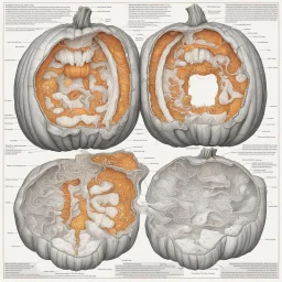 Cutaway schematics of spooky Halloween Pumpkin jack-o-lantern, gristle wet visceral rictus tendons sloppy bile pumpkin spilling intestine guts; by Wes Benscoter, by James Gurney, by Jeremy Mann; hyperreal; deep vibrant rich orange, black, and red color scheme; intricate complex detail, grossly rotting muck.