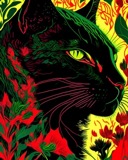 a close up of a black cat on a green background, by Dahlov Ipcar, neo-fauvism, jungle gown, detailed silhouette, made of colorful dried flowers, the smooth black jaguar, a phoenix, colourful drawing, beautiful, colours red and green, firenado, jaguar