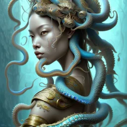 Sango fantasy, fantasy magic, intricate, sharp focus, illustration, highly detailed, digital painting, concept art, matte, art germ and Paul Lewin and Kehinde Wiley, masterpiece Japanese dancer head bronze octopus' Asian African girl nice breast Thai hair turquoise silver blue under water