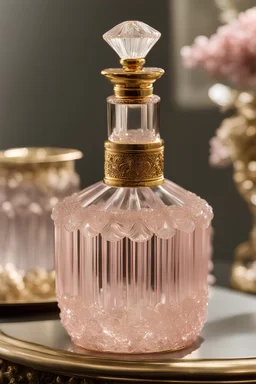 an exquisite tall fluted crystal potion bottle, pink tint with fine gold detailed, crystal topper