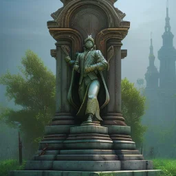 Monument, abandoned city centre, statue of human on top, look from distance, buildings visible whole statue, overgrown statue and monument, realistic, highly detailed