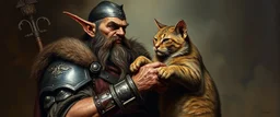 master oil painting by Rembrandt, fantasy orc soldier holding and petting a big ugly cat elf