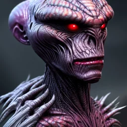 Evil humanoid alien with dark rough skin with scales, concept art, hyper realistic, photorealistic