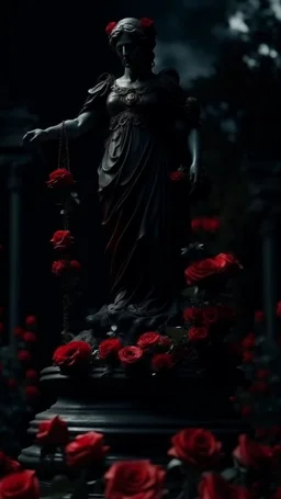 The statue of justice is filled with blood, carrying a scale full of red roses, and poppy flowers grow from underneath it and climb the statue. Dark garden background cinematic.