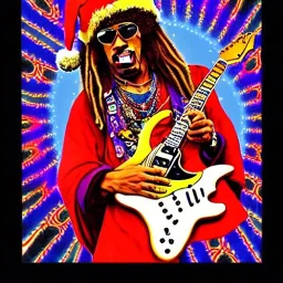 hippie JIMI HENDRIX Santa playing electric guitar, psychedelic, peace sign, MUSHROOMS, TRIPPY, ACID, LSD, dreadlocks