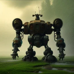 hyperrealistic shot, rusting and moss covered mecha robot, earth color palette, sharp focus, puddle reflection, tire water splash, refraction, rain and lightning on the horizon, shadowcast, detailed and intricate, cinematic composition, tilt shift photography