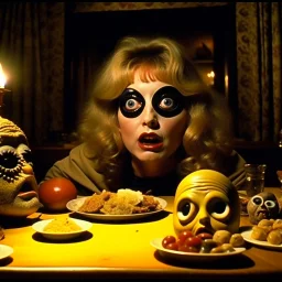 Spooky, ultra realistic distress, dining, ultra realistic hot woman, nose, giant eye on a table, organic hot bondes, dynamic, anguish, excited and lively scene, hypermaximalist figures, Creepy the Ring Alfred Hitchcock, Sam Raimi, insanely detailed, sinister, John Carpenter, Dario Argento, ornate
