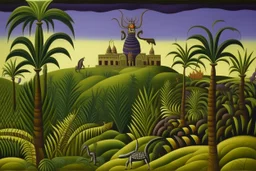 A purple Egyptian kingdom with a scorpion palace painted by Henri Rousseau