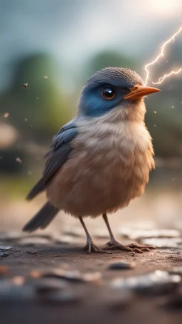 wtf bird getting hit by lightening, with big disturbed eyes,bokeh like f/0.8, tilt-shift lens 8k, high detail, smooth render, down-light, unreal engine, prize winning