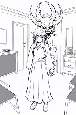 girl with demon mask in the middle of the room., line arts, manga style