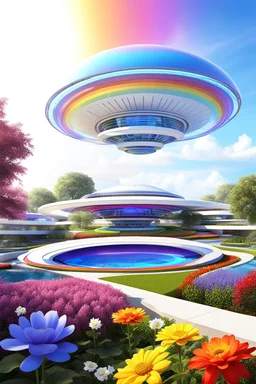 colors, very beautiful, ,flowers, garden,rainbow, cité futuriste ultra moderne, ufos, very beautiful over class
