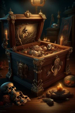 Bosch nightmares painting style treasure pirates box with skull logo ,intricate insanely , ,candles with flames in the middle ,detailed octane render trending on artstation, 8k artistic photography, photorealistic concept art, soft natural volumetric cinematic perfect light, chiaroscuro, award-winning photograph, masterpiece, oil on canvas, Raphael, Caravaggio, Greg Rutkowski, people, beksinski, Giger