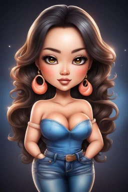 create an airbrush illustration of a chibi cartoon curvy asian female wearing Tight blue jeans and a peach off the shoulder blouse. Prominent make up with long lashes and hazel eyes. She is wearing brown feather earrings. Highly detailed long black shiny wavy hair that's flowing to the side. Background of a night club.