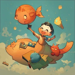 Charming stylized characters. Large heads, big expressive eyes, small, delicate features. Done in the playful and minimalist style of modern children’s book illustration. Diffused outlines, misty, dream-like quality. Colors are warm and subdued illustrating a cheerful demeanor. With a touch of quirkiness. Show me a cute young kid with a balloon in the shape of a big fractal-decoration-covered fish standing on s little planet floating in a sky painted with stars, suns and planets like ones one wo