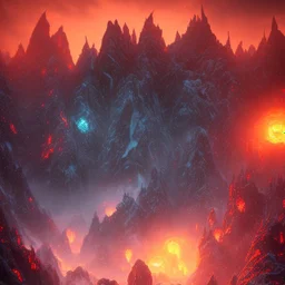 dynamic lighting, Intricately detailed, deep color, Unreal Engine, volumetric lighting, Hell landscape, Hell concept art, Hell fantasy artwork, Mountains, nightsky, winter trees, orange, red, nebulae,