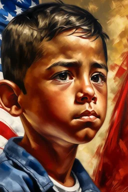 an expressive painting of a hispanic boy painting, with American flag in the background, we might see a companion with features of absolute strength and determination, blended with warmth and deep faith. Perhaps his face expresses wisdom and courage, with eyes radiating confidence and faith.