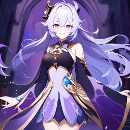 Clear focus,High resolution,High quality, Genshin, Smiling, Eyes closed, Black long hair flowing with the wind, Purple eyes, Slight Reveal Clothes